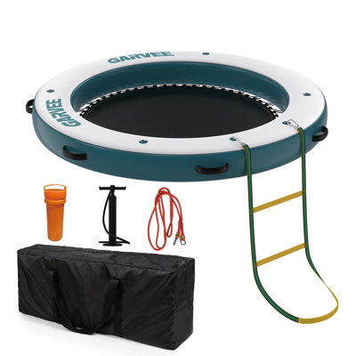 Inflatable Water Hammock Floating Dock with Trampoline Mesh, Ladder, Pump & Carrying Bag, Heavy Duty Water Raft for Swimming Jumping & Tanning, 2.4x2.4m for Family Party