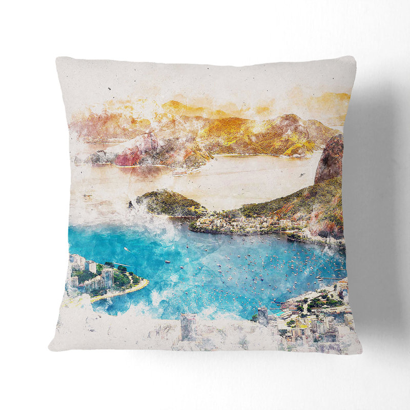 Skyline of Rio De Janeiro in Brazil Watercolour Cushion with Filling, 55cm H x 55cm W x 20cm D, Stone