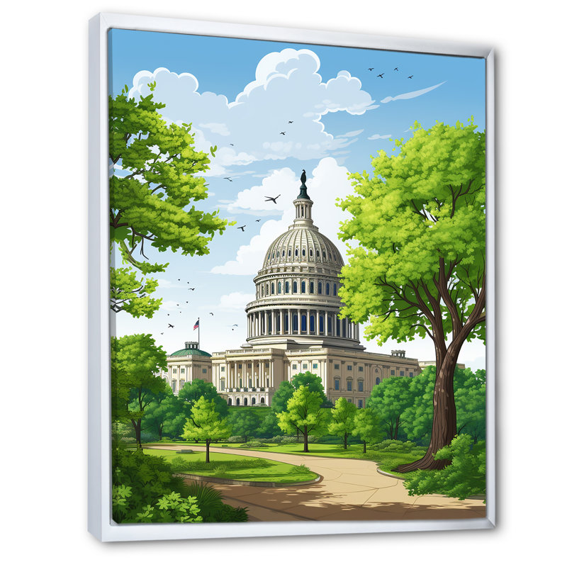 «White House In Spring Washington», reproduction sur toile, Cadre flottant blanc, 32" H x 16" W