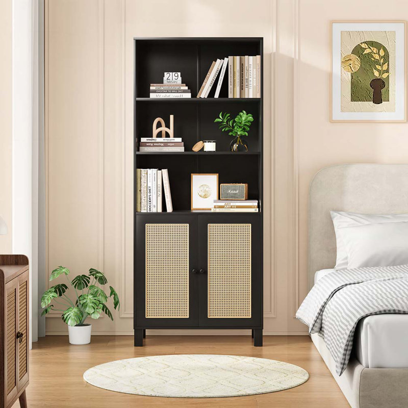 Bibliothèque avec portes en rotin, 5 tablettes de rangement en bois, Noir