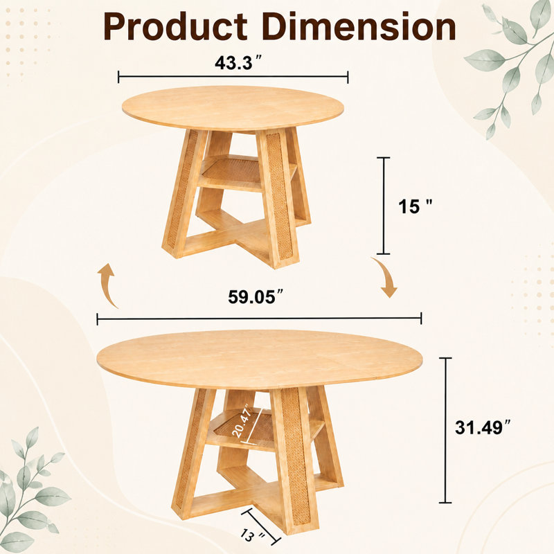 Table de salle à manger ronde extensible de 110 à 150 cm pour 4 à 6 personnes, table de cuisine ronde transformable en ovale avec rallonge amovible, piètement en croix et tablette de rangement, couleur naturelle