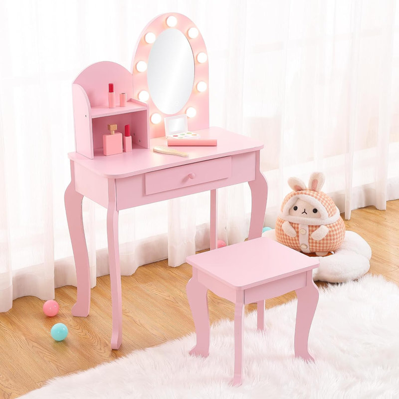 Kids' Vanity Table with Lighted Mirror & Stool, Wooden Makeup Playset for Girls Ages 4-9, Pink