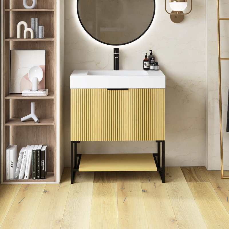 Meuble-lavabo autoportant en contreplaqué rayé pré-assemblé avec lavabo, tiroir et tablette ouverte, Doré, 30"