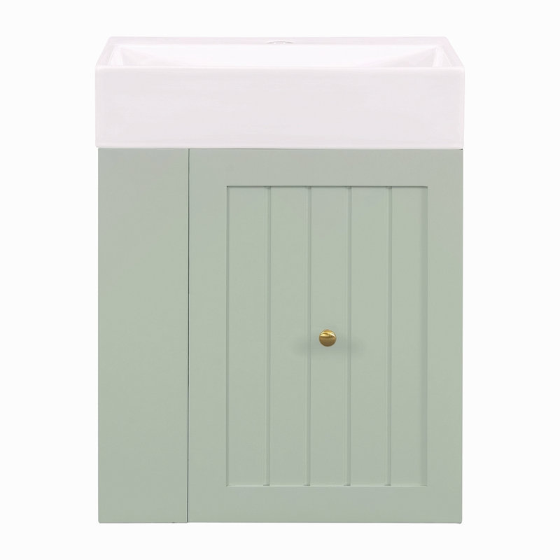 Meuble-lavabo de 20 pouces avec lavabo en céramique, armoire de rangement en panneau de fibres à densité moyenne avec tiroir, tablette latérale et poignée dorée - meuble-lavabo moderne pour les petites salles de bain