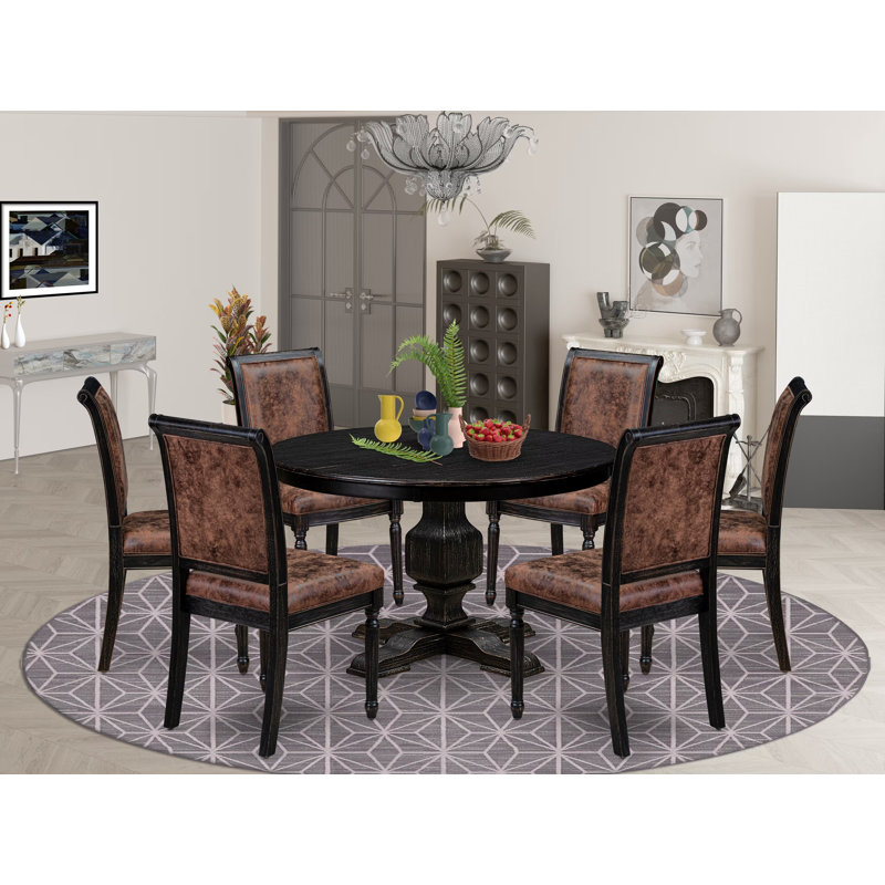 L'ensemble de table de salle à manger moderne 7 pièces se compose d'une table et de 6 chaises de salle à manger modernes en tissu de polyester brun avec dossier haut - fini noir sablé