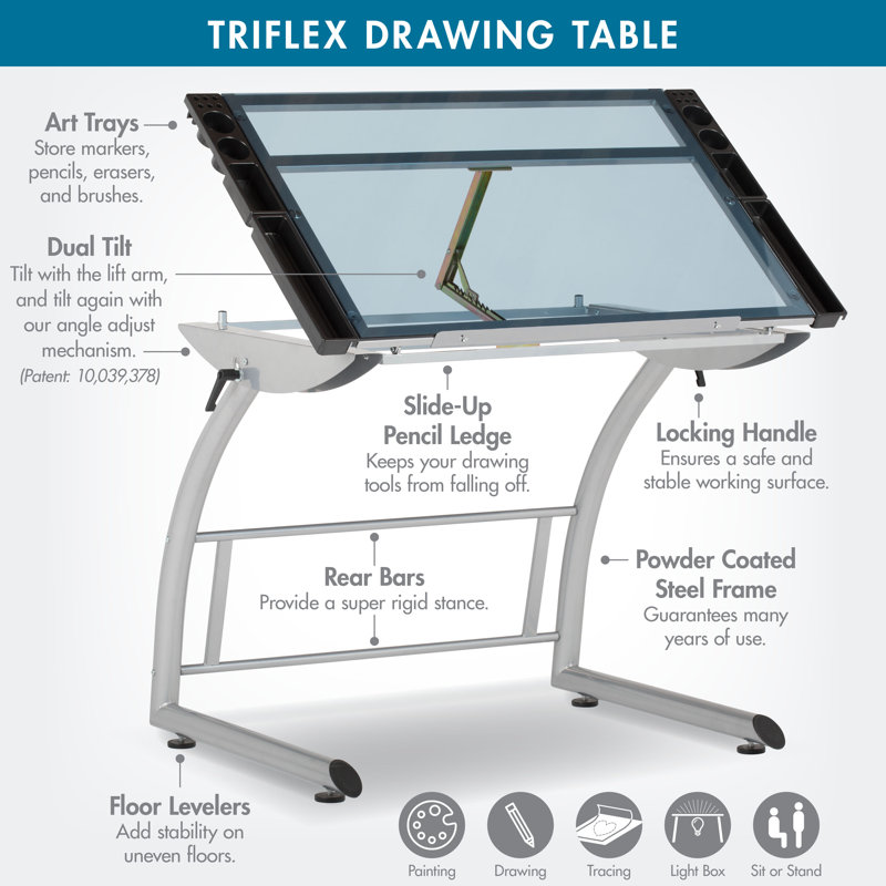 Cournoyer Glass Top Drafting Table, Blue