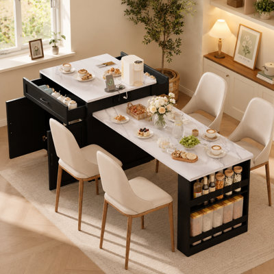 Ensemble d'îlot de cuisine avec table de salle à manger extensible, tiroirs et tablettes de rangement ouvertes Farmhouse