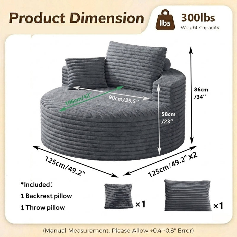 Fauteuil lounge rond surdimensionné de 127 cm (50 po), méridienne circulaire moderne rembourrée avec assise profonde, canapé-lit moelleux et confortable pour coin lecture, salon et chambre, aucun assemblage requis (gris)