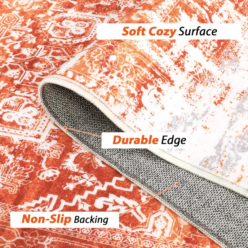 Rectangle Floral Washable Area Rug, Orange, Rectangle 160 x 230 cm