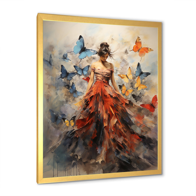 Papillon et femme dansant I - art mural papillon, H 32 po x l 24 po, Cadre photo unique, Doré