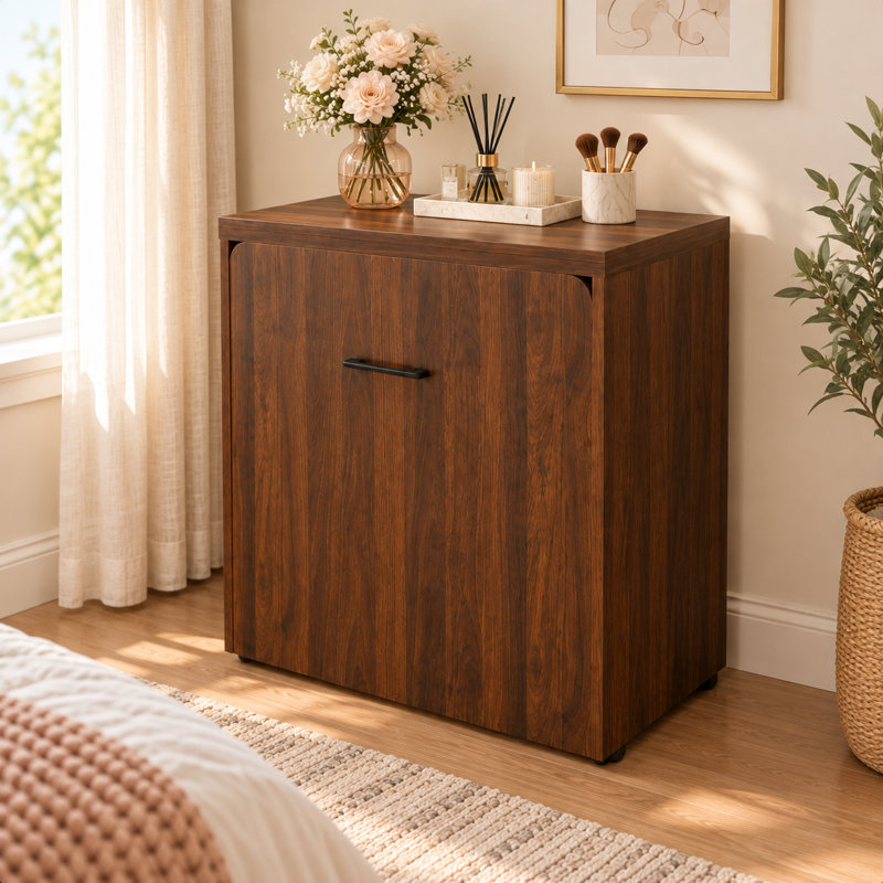 Coiffeuse extensible 3 en 1 de 119 cm (47 po) avec miroir rabattable, bureau pliant avec rangement pour cosmétiques, tiroir et tabouret de rangement à roulettes, noyer