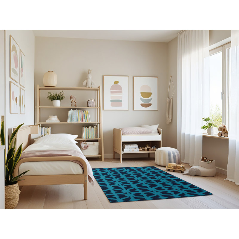 Machine Washable Trellis Blue Area Rug, Rectangle 4' x 6'