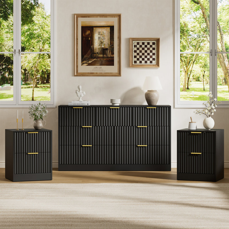 Ensemble 3 pièces commode 7 tiroirs et table de chevet 2 tiroirs, Noir