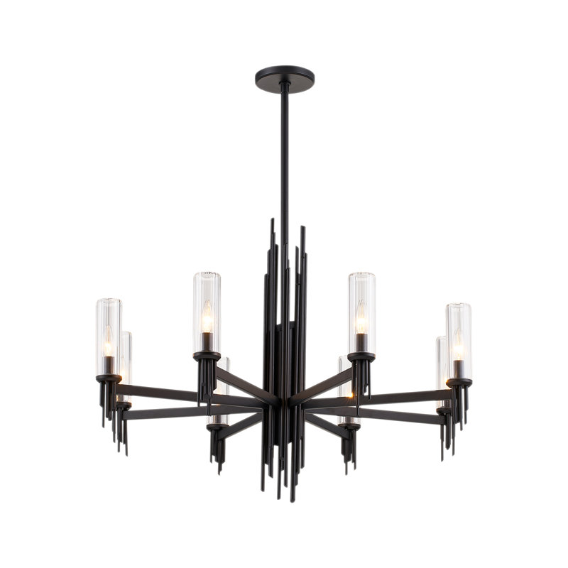 Lustre linéaire moderne à 8 lumières de style bougie Torres, Noir mat / nervuré transparent
