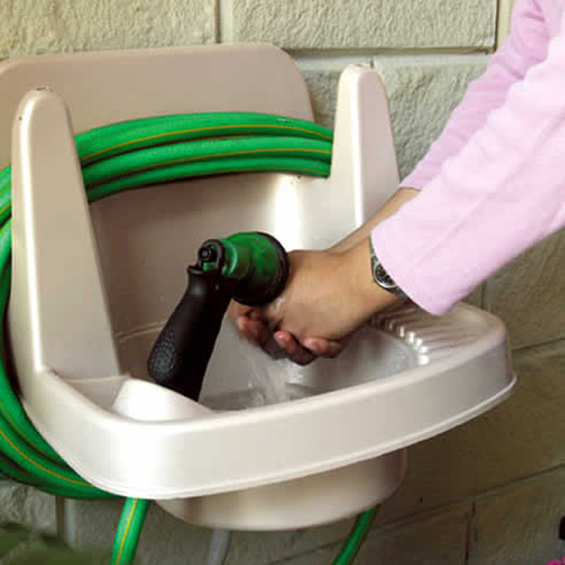 Beige Wall-Mounted Outdoor Garden Sink with Hose Reel