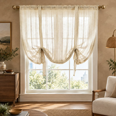 Rideau ballon beige à rayures en voile de lin de style campagnard, avec passe-tringle; 1 panneau mesurant 39 po de largeur x 47 po de longueur pour les cuisines, les salles de bain, les salons et les petites fenêtres.
