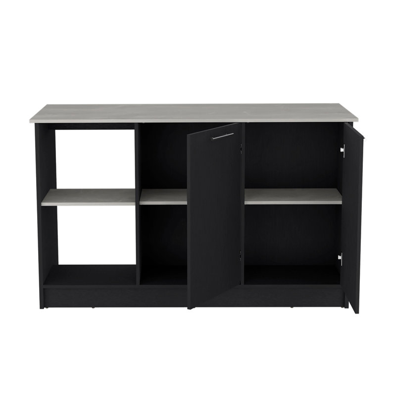 Îlot de cuisine avec grand comptoir, tablettes de rangement ouvertes et armoire à deux portes, noir / onyx