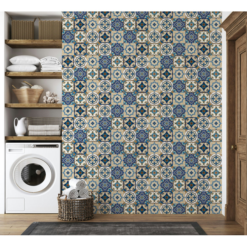 Papier peint bleu à motif de carreaux marocains bleu marine et crème, L 106 po x l 187 po