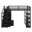Lit mezzanine double en métal avec tablettes de rangement, armoires et garde-robe, lit mezzanine peu encombrant avec garde-corps et escalier