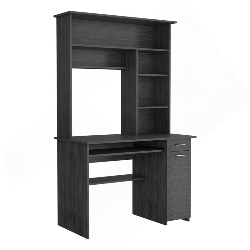 Bureau bahut Compu, plateau à clavier, panneau de porte pour unité centrale, plusieurs tablettes, un tiroir, chêne fumé, Gris