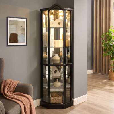 Vitrine de coin vitrée éclairée avec tablettes réglables, armoire à vin en cerisier sculpté, parfaite pour la maison ou le bureau - Noir