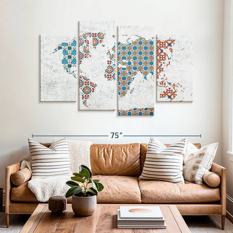 Aliaz Floral Tiles World Map, 42" H x 68" W