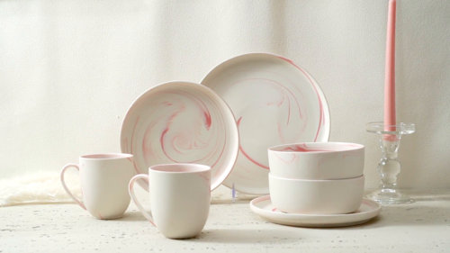 Stone Lain 16 Pieces Porcelain Pink Marble Round Dinnerware Set, Kitchen  Dishes, Unique Settings, Cups, Plates, Bowls