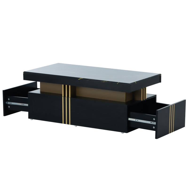Black MDF Coffee Table With PVC Pattern Top 2 Drawers 100*50*40Cm, Black/Gold