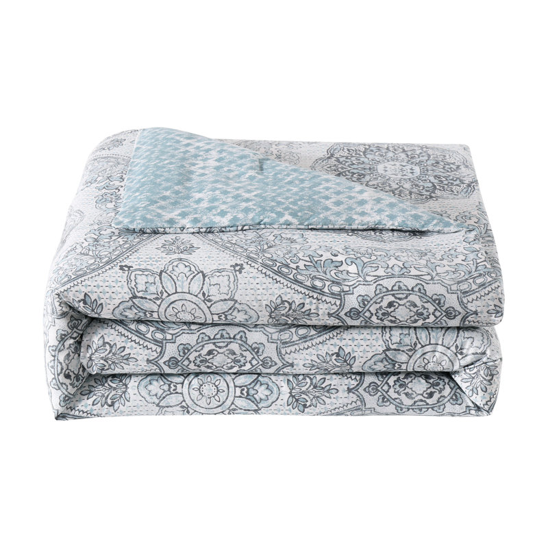 Twin Blue Microfiber Reversible Comforter Set with Geometric Print