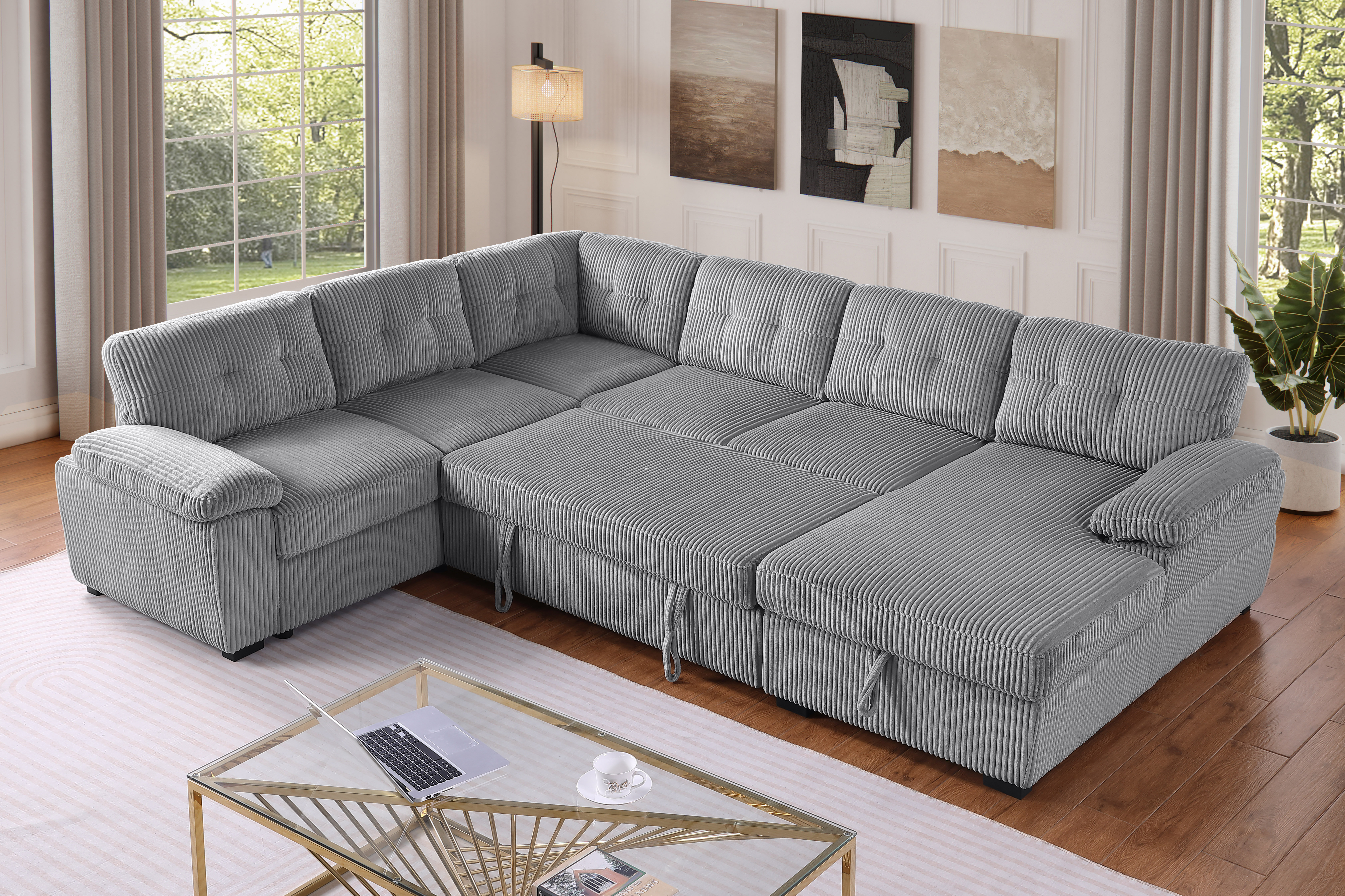 Latitude Run® Eugene 4 Piece Upholstered Corduroy Sleeper Sectional Sofa With Storage Chaise & Reviews | Wayfair