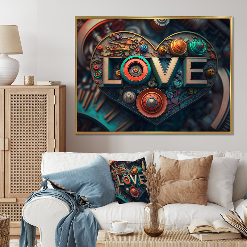 Amour inconditionnel sur sarcelle rétro - impression, H 34 po x l 44 po x P 1,5 po, Cadre flottant noir