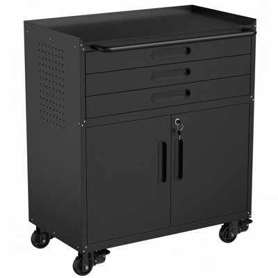 Armoire à outils roulante avec portes verrouillables, 3 tiroirs et poste de travail mobile