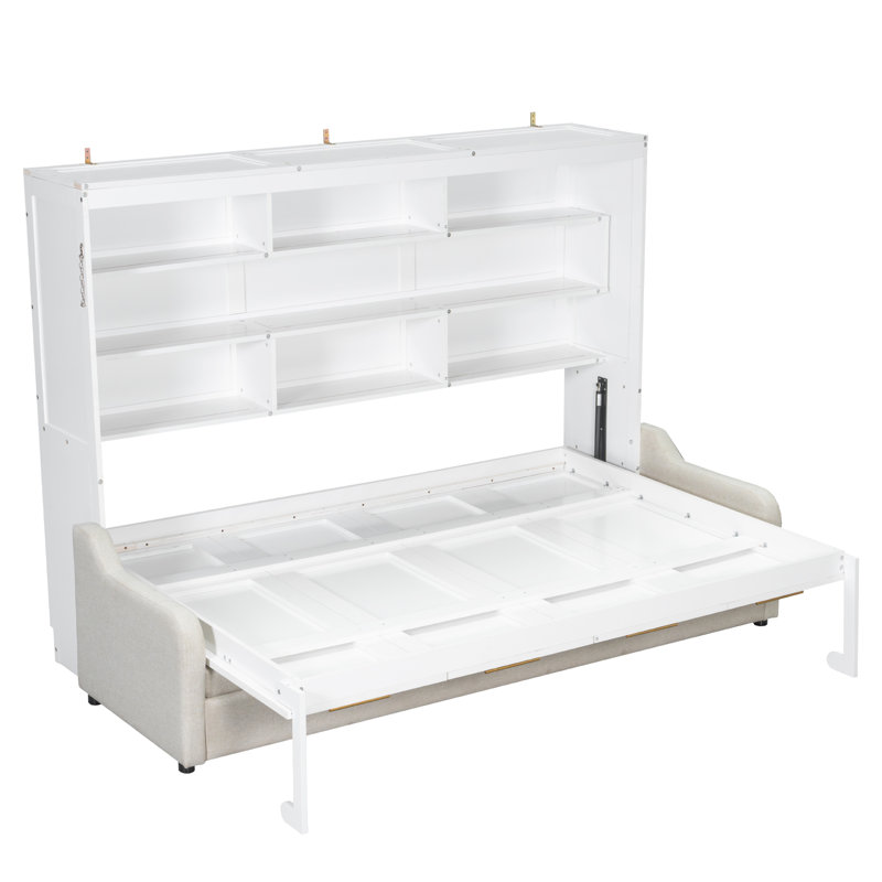Grand lit escamotable avec canapé, tablettes de rangement et lumière DEL - Lit mural peu encombrant pour petites pièces, beige