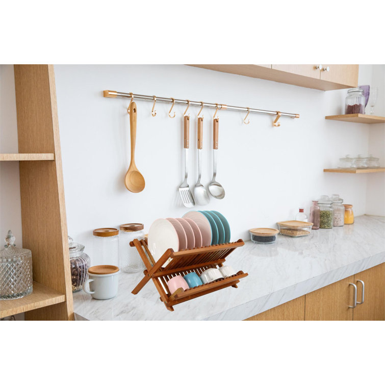  Utoplike Teak Dish Drainer Rack Collapsible 2 Tier Dish Rack  Dish Drying Rack Foldable Plate Organizer Holder for Kitchen Compact