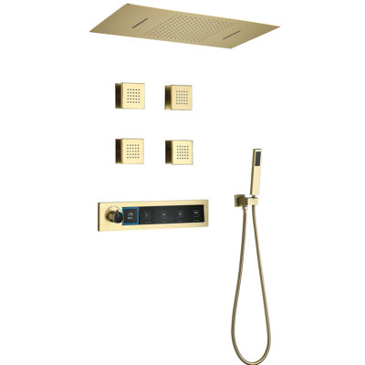Système de douche thermostatique, pomme de douche 24,8 x 12,99 po à deux fonctions, fixation au plafond avec jets manuels et corporels avec valve brute