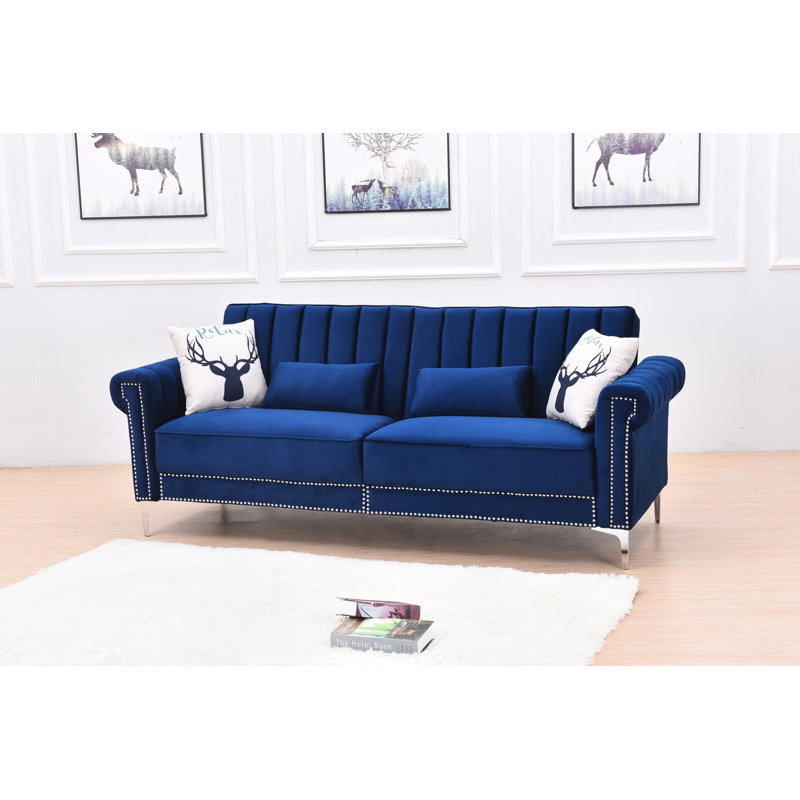 Twin 85'' Velvet Futon And Mattress, Blue