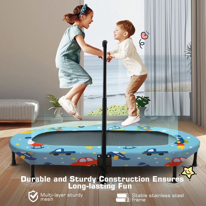 Trampoline ovale pliable de 4,7 pi avec guidon, Voiture bleue