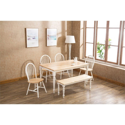 Pemberly Row 6 Piece Windsor Wood Dining Set with Bench in Cream and Natural