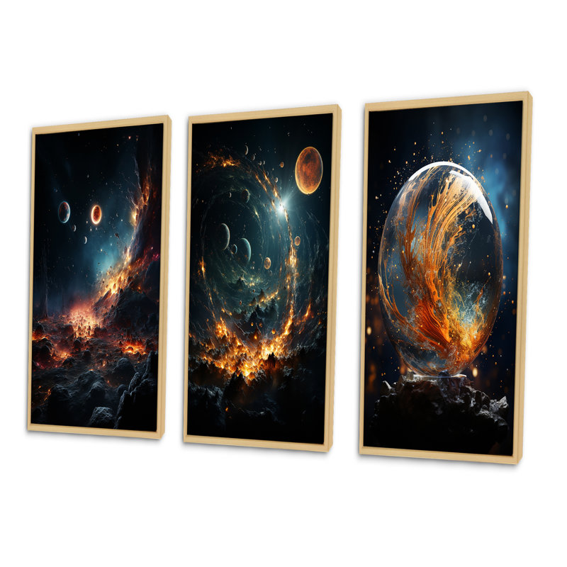«Galaxies Planets», 3 pièces sur toile, Encadré naturel, H 40 po x l 60 po