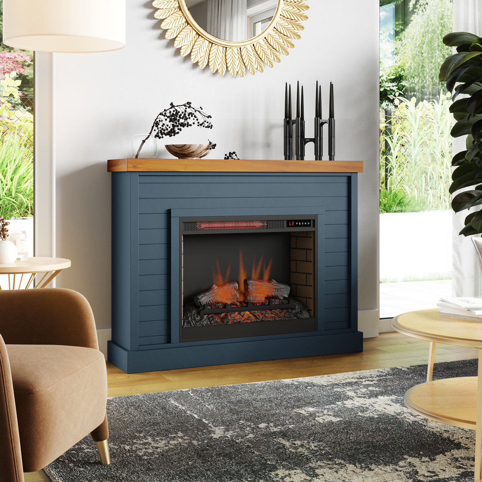 Rimma Electric Fireplace, Denim/Whiskey