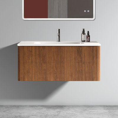 Meuble-lavabo rayé en noyer rayé de 36 po avec lavabo en céramique blanche Etna, pré-assemblé