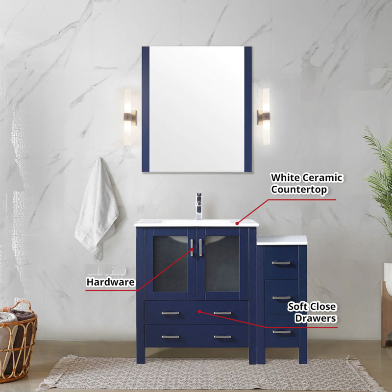 42 po Meuble-lavabo bleu marine W pour salle de bain avec armoire latérale, robinet et miroir 28 po, comptoir en céramique blanche - robinet de baignoire propriété, miroir long mural