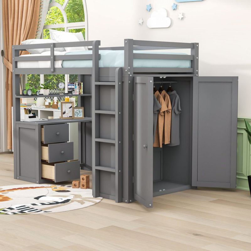 Heathyr Kids Loft Bed with Drawers, Gray, Twin