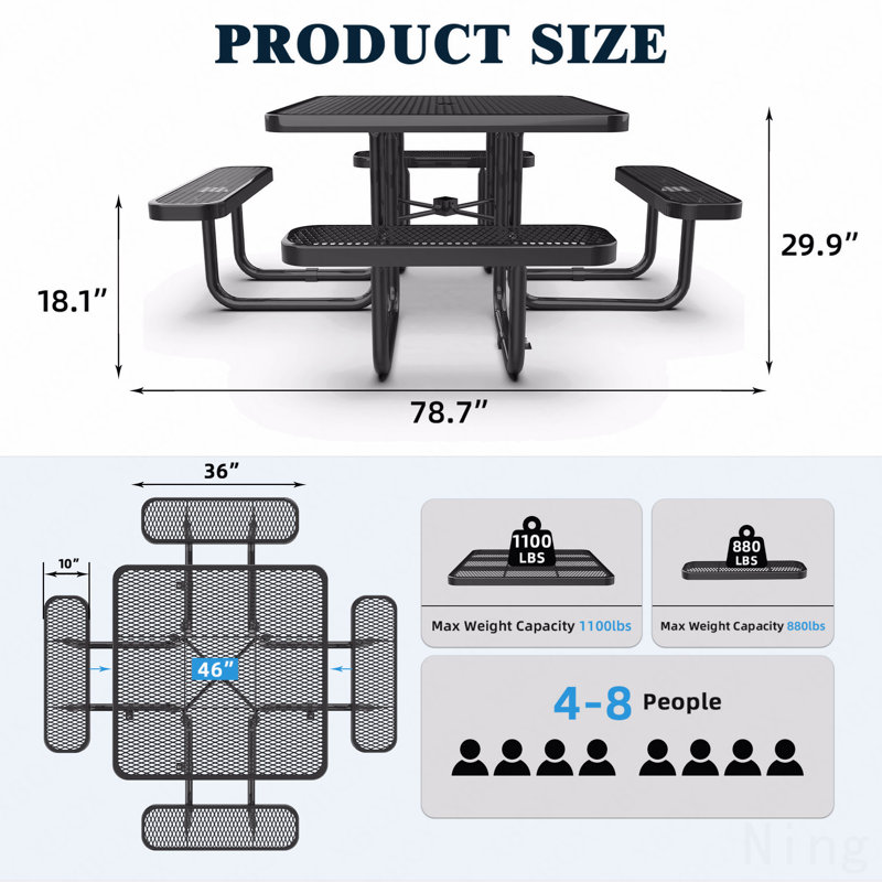 46-Inch Black Square Picnic Table, With Umbrella Hole Outdoor, Black