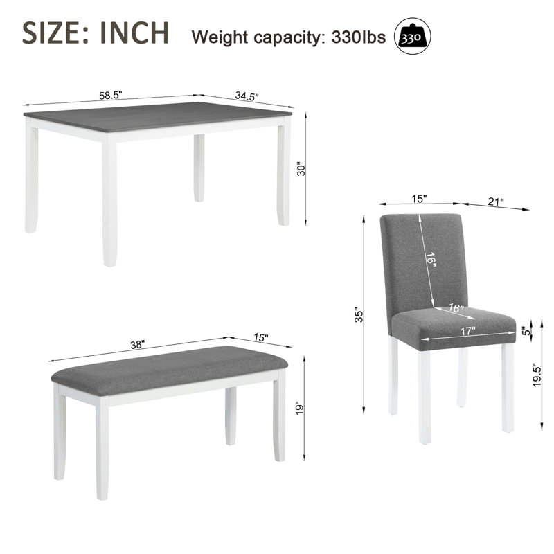 Ensemble de table de salle à manger 6 pièces avec banc et chaises, ensemble de table de salle à manger pour 6 personnes avec banc, ensemble de table de salle à manger en bois pour la cuisine, la salle à manger et deux tons