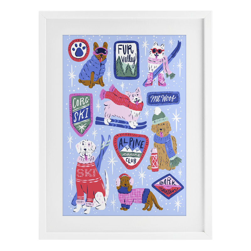 Winter Ski Dogs Collage, impression sous verre encadrée, design par Krissy Mast, H 20 po x l 14 po, Cadre blanc côtier