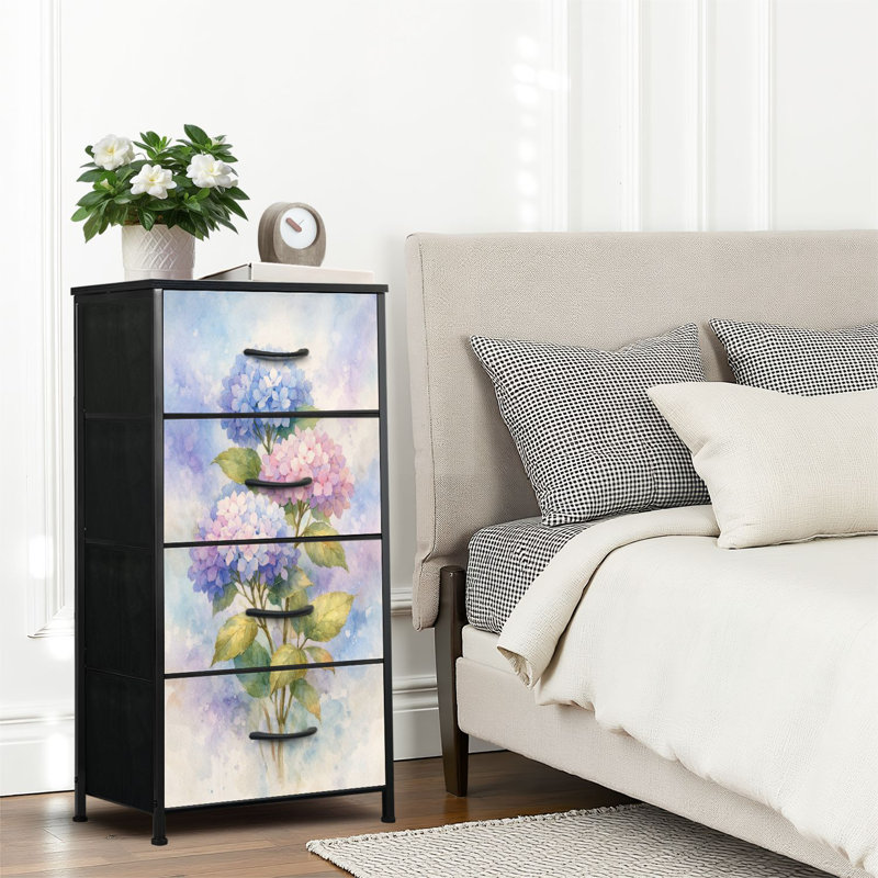 Commode 4 tiroirs pour chambre à coucher, commode étroite, plateau en bois et structure en fer 18 po x 37,5 po (lxH) - avec délicates fleurs d'hortensia et aquarelle pastel aux feuilles vertes