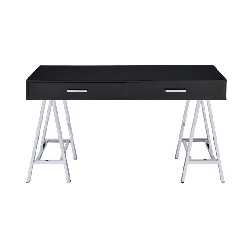 Bureau d'écriture noir ultrabrillant et chrome avec port USB, Noir, noir, noir, noir