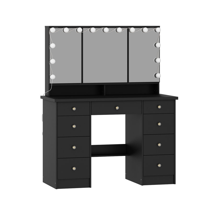 Coiffeuse noir mat avec miroir lumineux 3 couleurs et boutons en cristal
