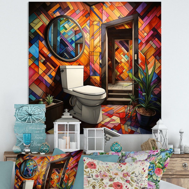 Toilette, motifs ludiques I - Impression sur métal pour le bain et la lessive, H 16 po x l 16 po x P 1 po